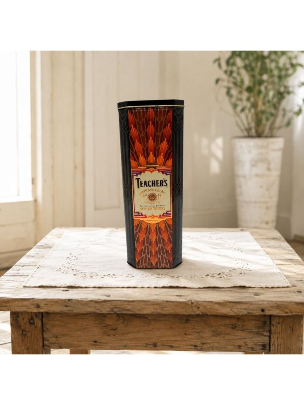 Teacher’s Highland Cream Scotch Whisky Art Deco Octagonal Tin Vintage 11.6"